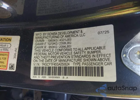 2025 Honda Accord Se z USA, uszkodzony, nr VIN 1HGCY1F45SA050624